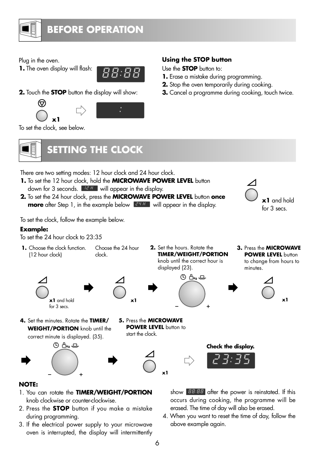 Zanussi ZNM11X user manual Setting the Clock, Using the Stop button, Example 