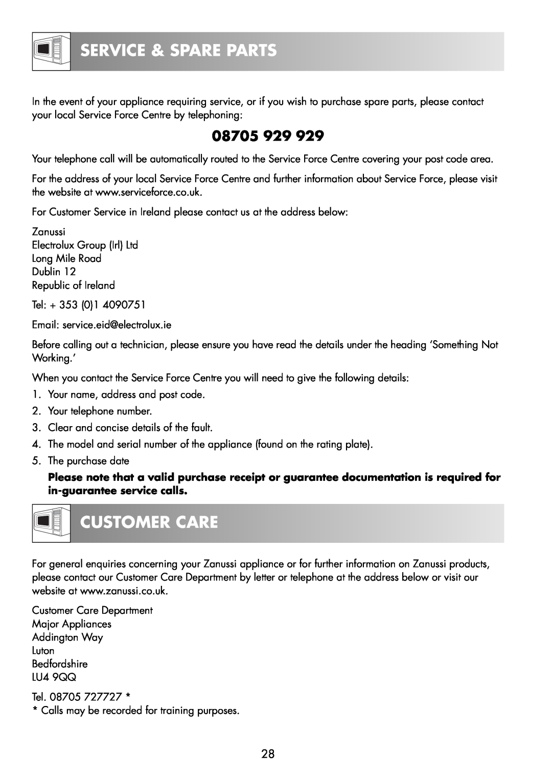 Zanussi ZNM11X user manual Service & Spare Parts, Customer Care, 08705 929 