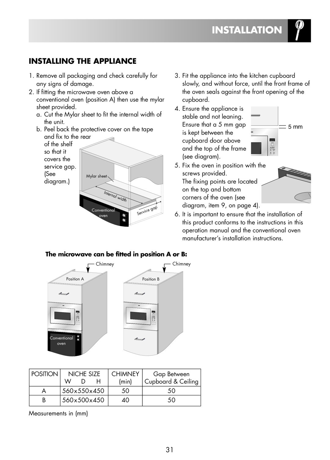 Zanussi ZNM11X user manual Installation, Installing The Appliance 
