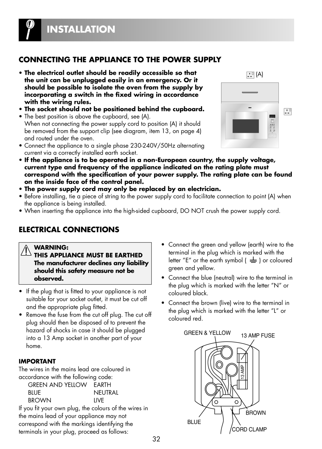 Zanussi ZNM11X user manual Connecting The Appliance To The Power Supply, Electrical Connections, Installation 