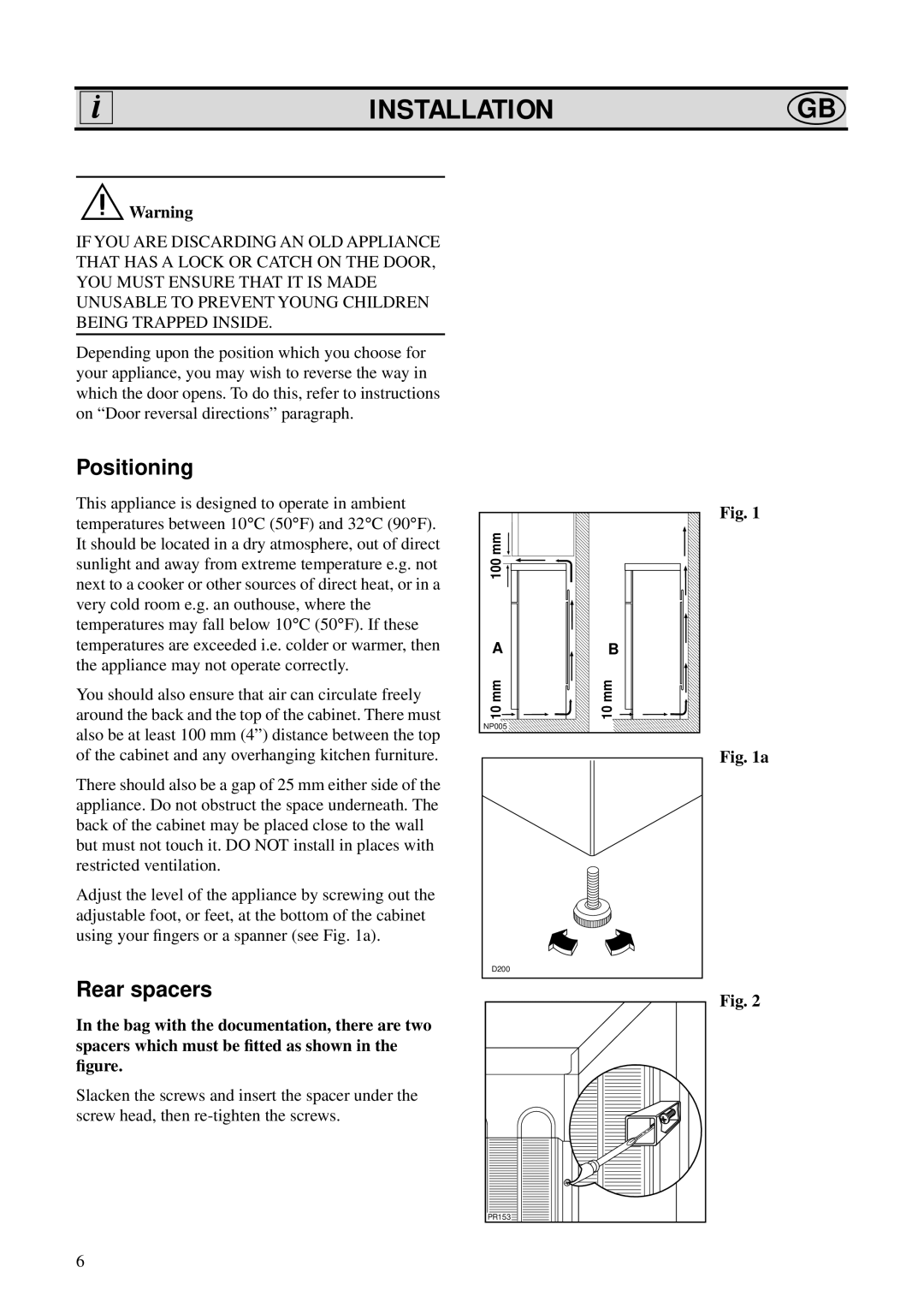 Zanussi ZO 25 N, ZO 25 Y, ZO 25 S manual Installationgb, Positioning, Rear spacers 