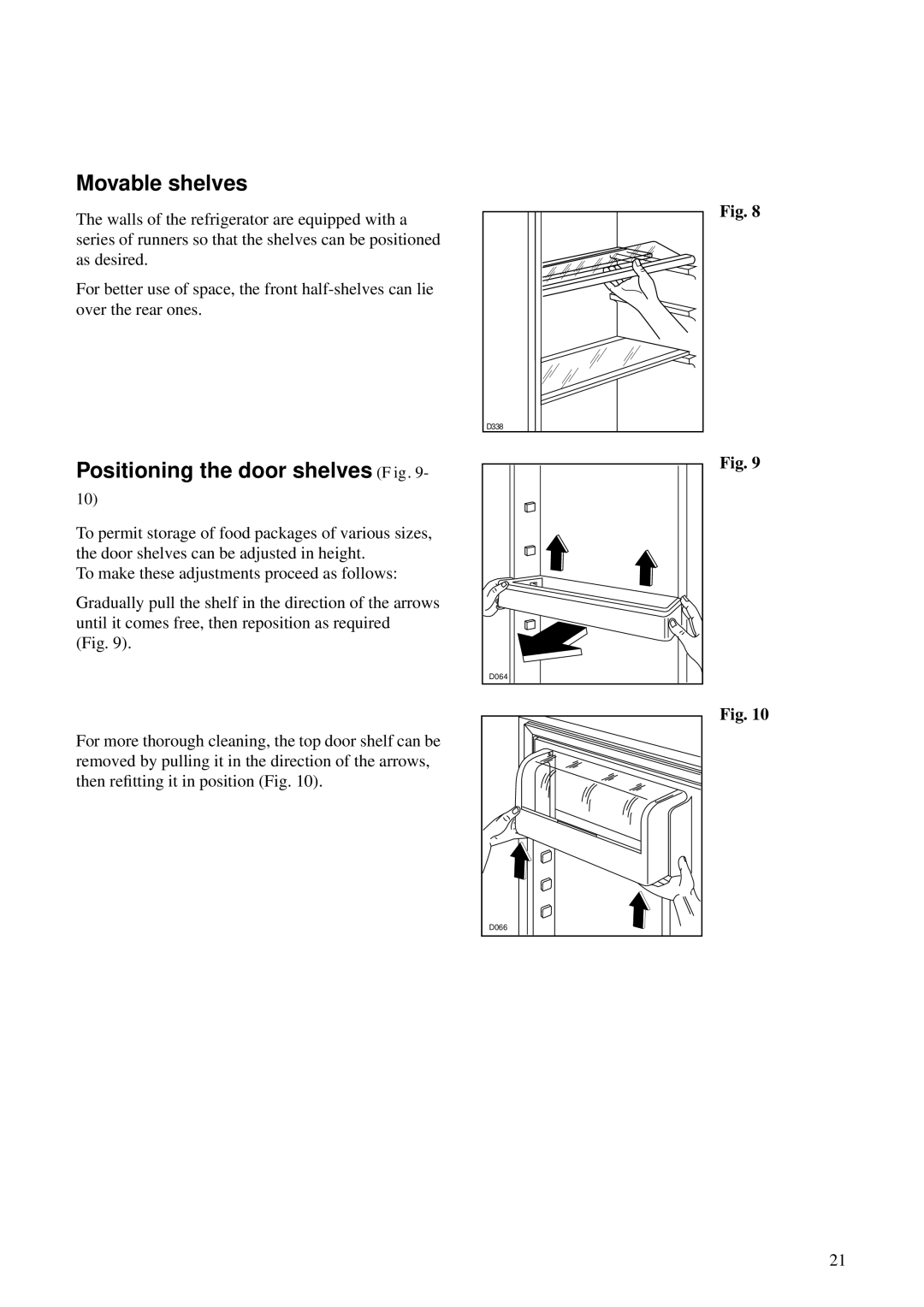 Zanussi ZO 29 N, ZO 29 Y, ZO 29 S manual Movable shelves, Positioning the door shelves Fig 