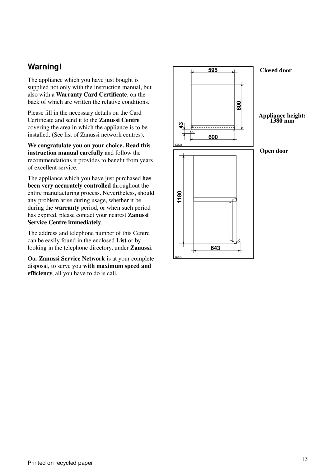 Zanussi ZO 29 S, ZO 29 Y, ZO 29 N manual Closed door Appliance height 1380 mm Open door 