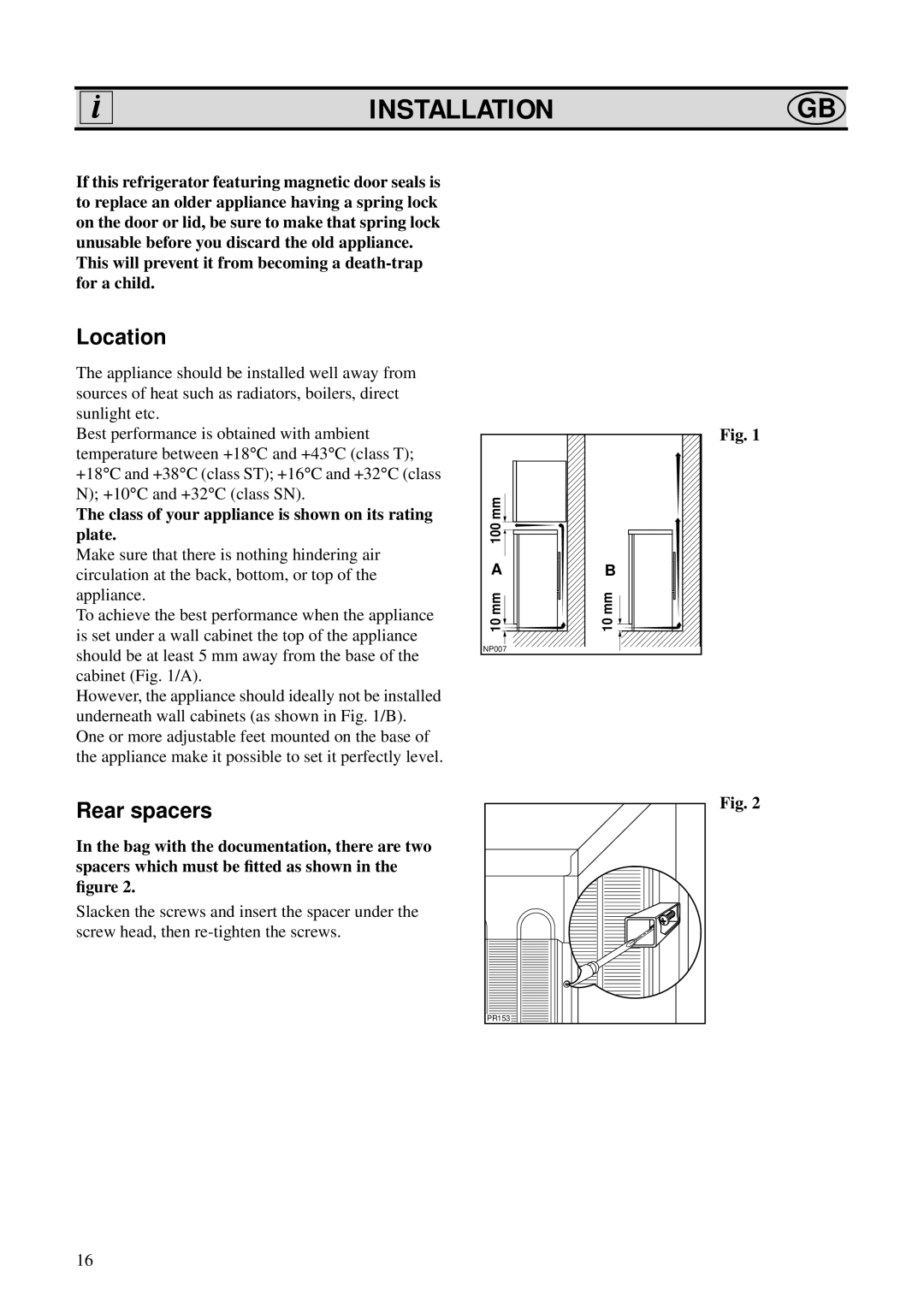 Zanussi ZO 29 S manual Installationgb, Location, Rear spacers, This will prevent it from becoming a death-trap for a child 