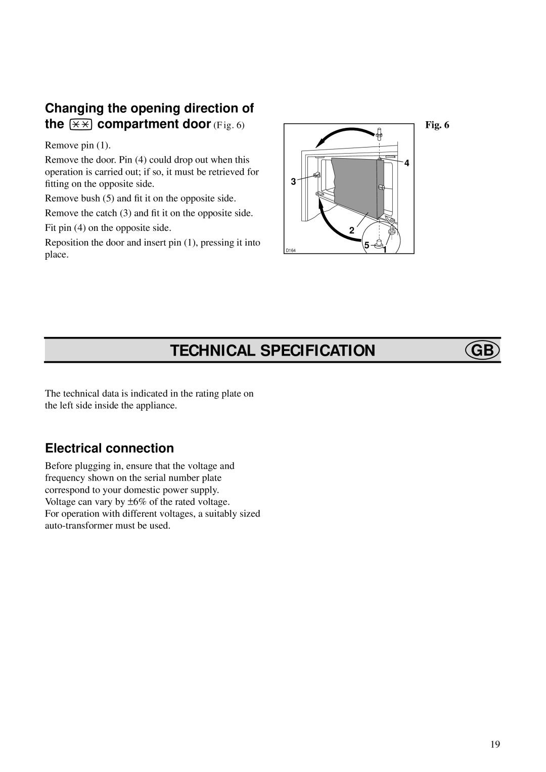 Zanussi ZO 29 S manual Technical Specification, Changing the opening direction Compartment door Fig, Electrical connection 