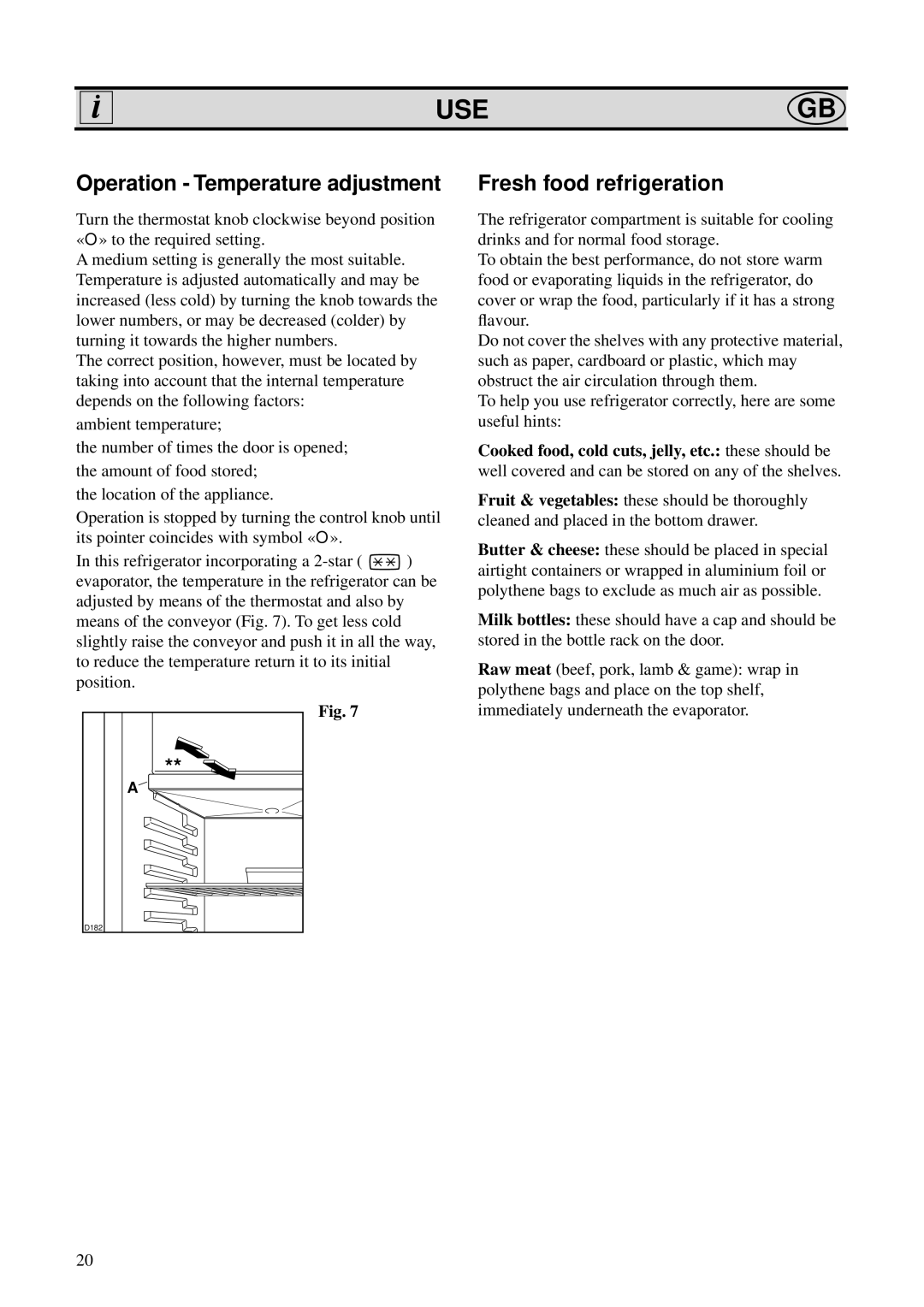 Zanussi ZO 29 Y, ZO 29 N, ZO 29 S manual Usegb, Operation Temperature adjustment, Fresh food refrigeration 