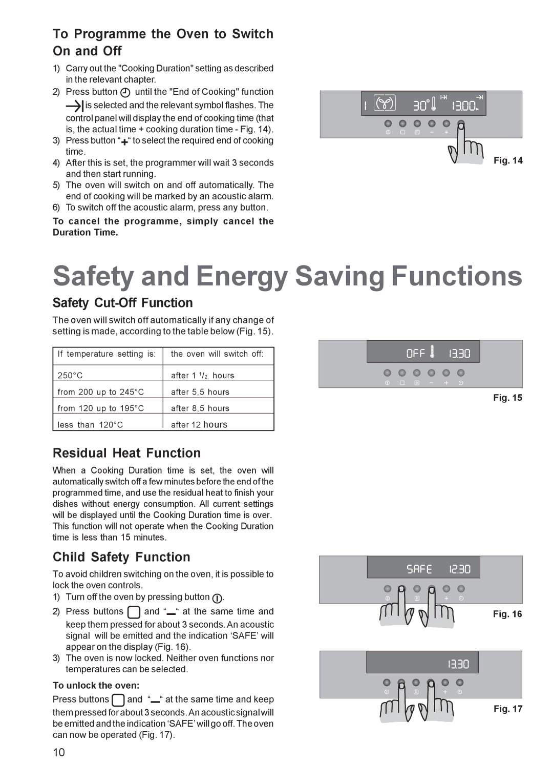 Zanussi ZOB 1060 Safety and Energy Saving Functions, To Programme the Oven to Switch On and Off, Safety Cut-Off Function 