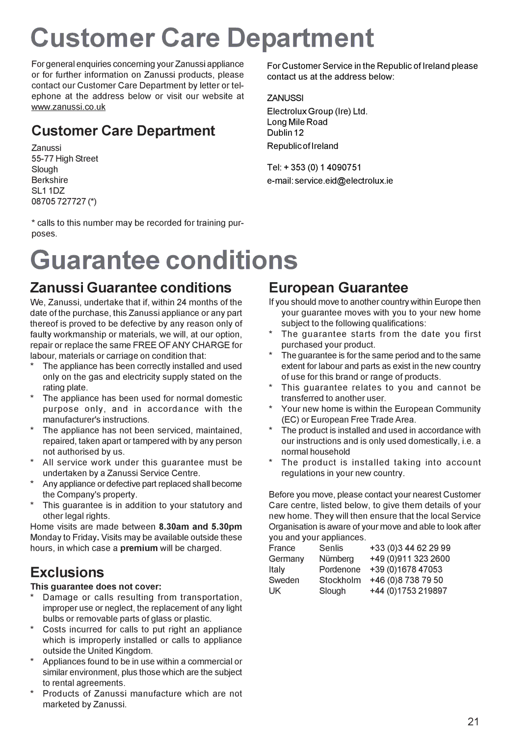 Zanussi ZOB 1060 manual Customer Care Department, Guarantee conditions 