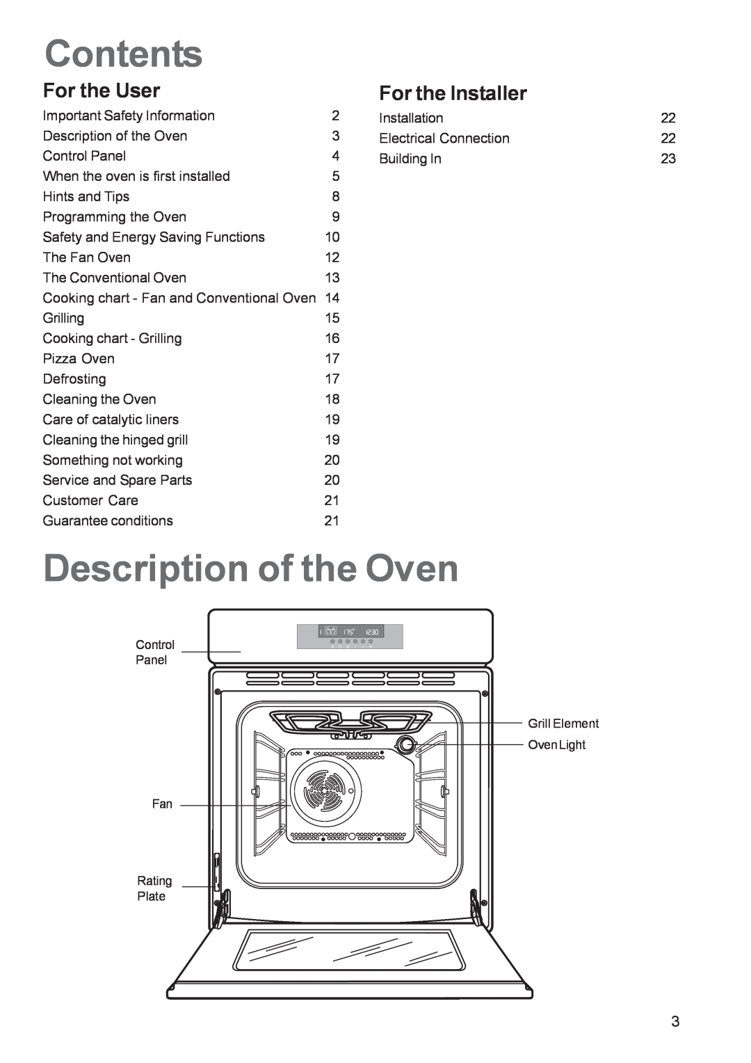 Zanussi ZOB 1060 manual Contents, Description of the Oven, For the User, For the Installer 