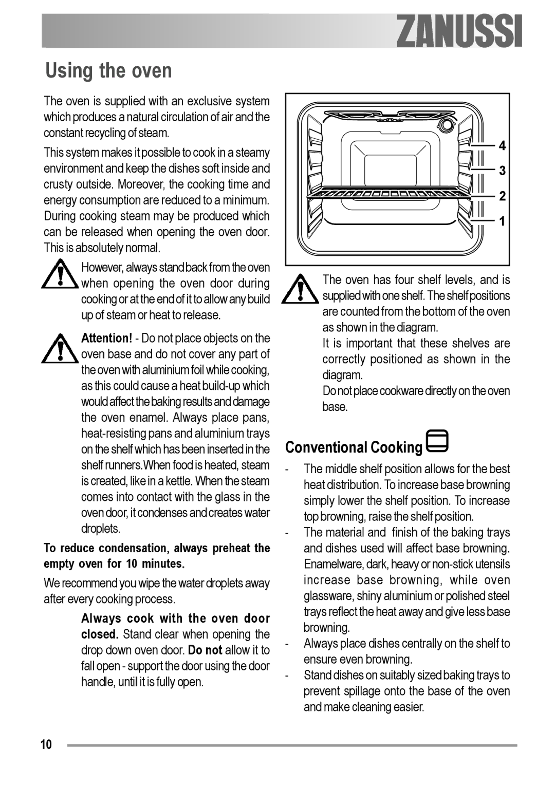 Zanussi ZOB 150 manual Using the oven, Conventional Cooking 