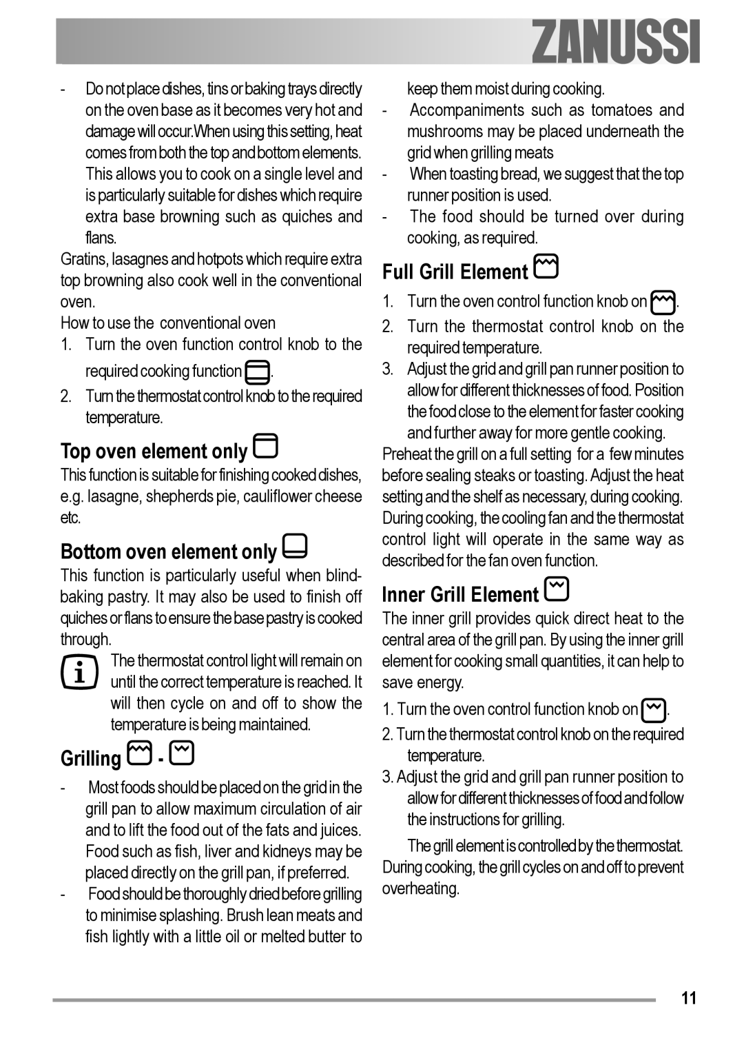 Zanussi ZOB 150 manual Top oven element only, Bottom oven element only, Grilling, Full Grill Element, Inner Grill Element 