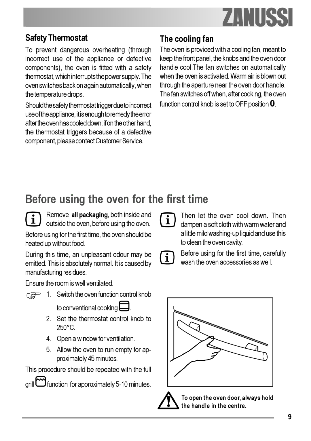 Zanussi ZOB 150 manual Before using the oven for the first time, Safety Thermostat, Cooling fan 