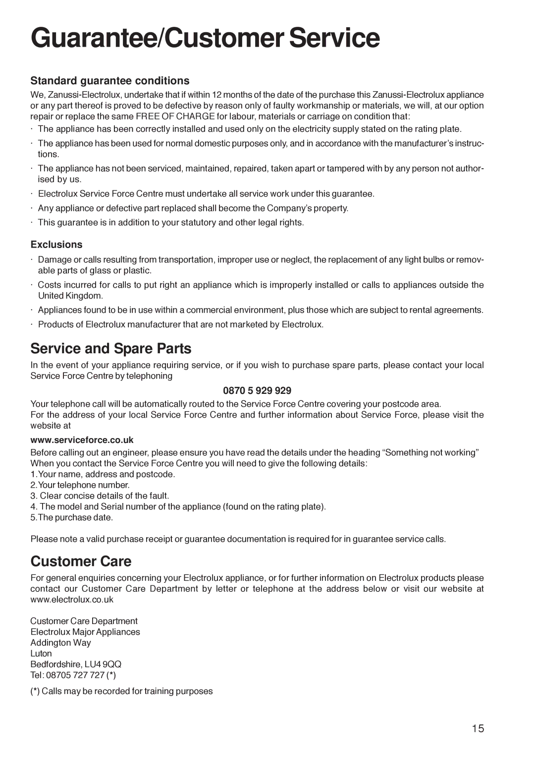 Zanussi ZOB 160 manual Service and Spare Parts, Customer Care 