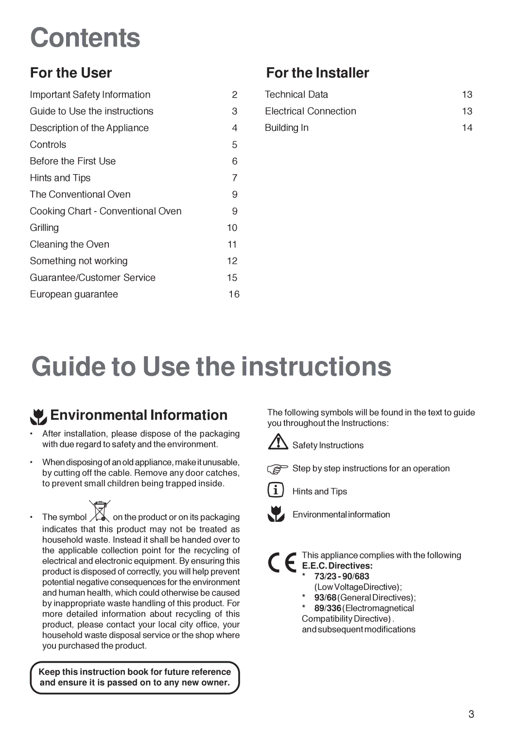 Zanussi ZOB 160 manual Contents, Guide to Use the instructions 