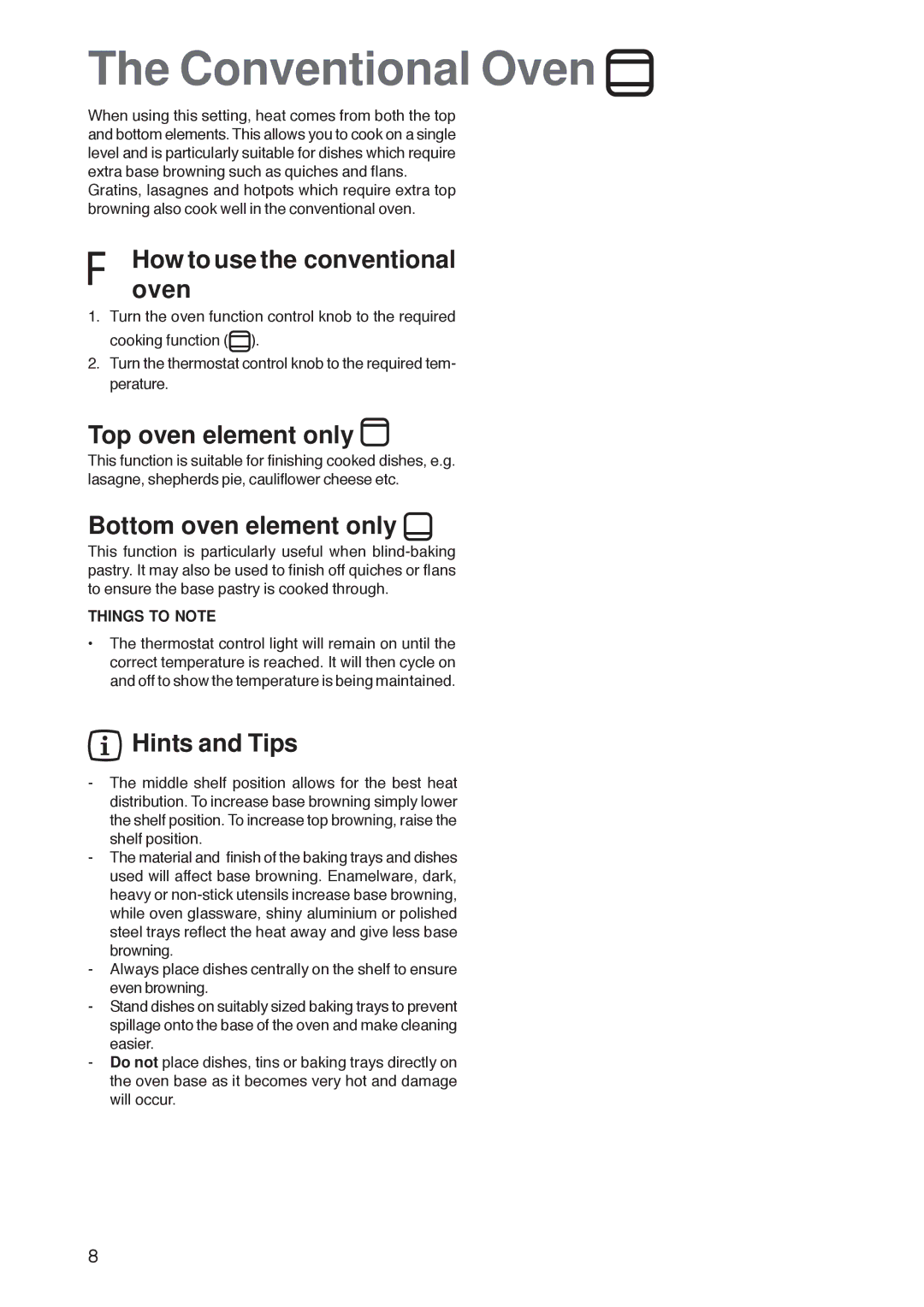 Zanussi ZOB 160 manual Conventional Oven, Howovento use the conventional, Top oven element only, Bottom oven element only 