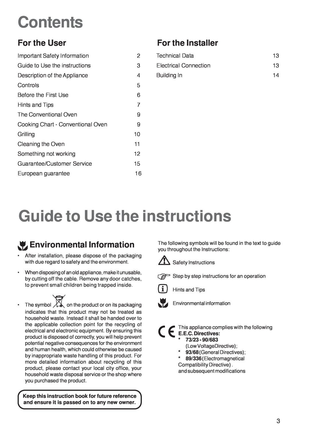 Zanussi ZOB 160 manual Contents, Guide to Use the instructions, For the User, For the Installer, Environmental Information 
