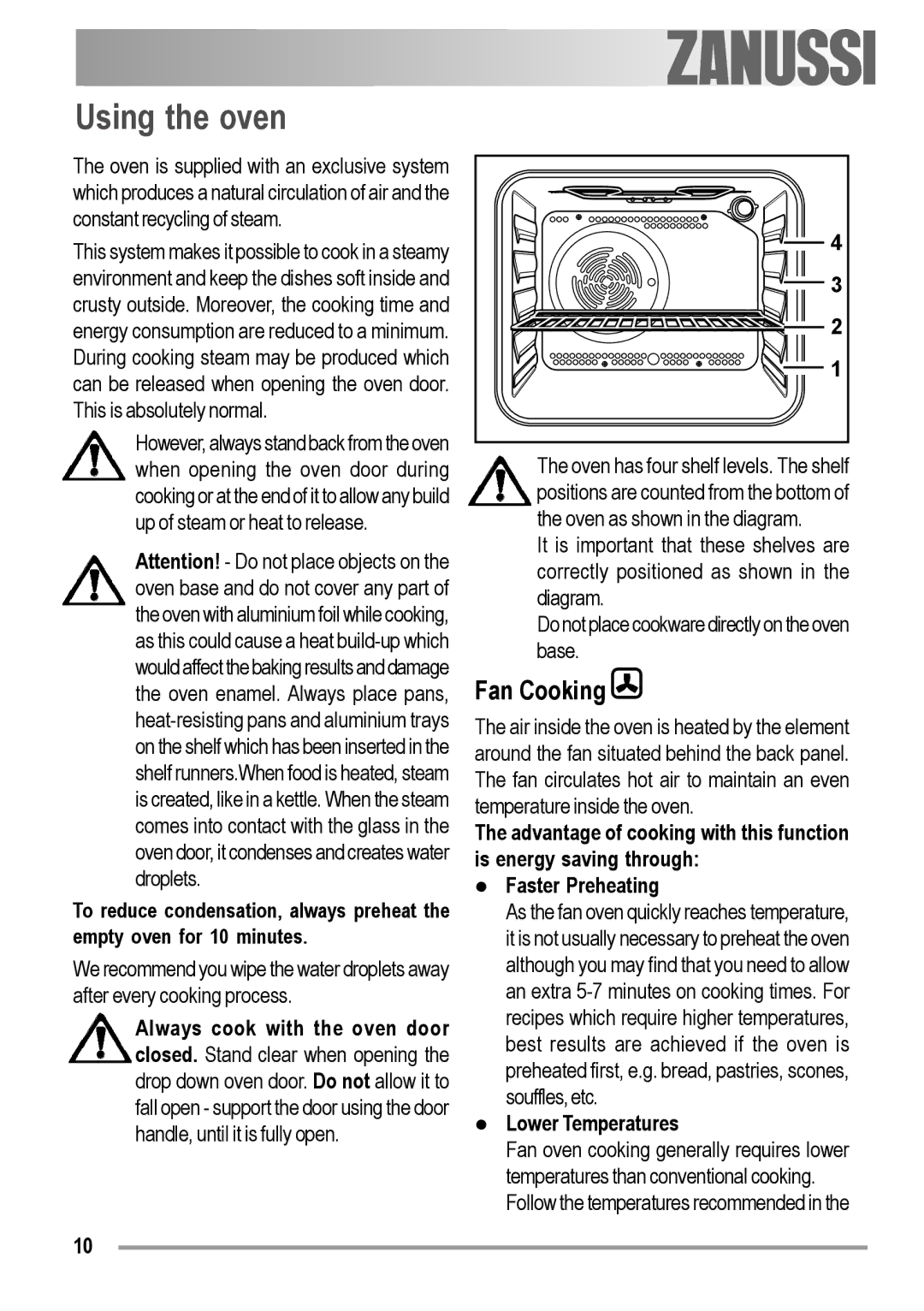 Zanussi ZOB 230 manual Using the oven, Fan Cooking, Lower Temperatures 