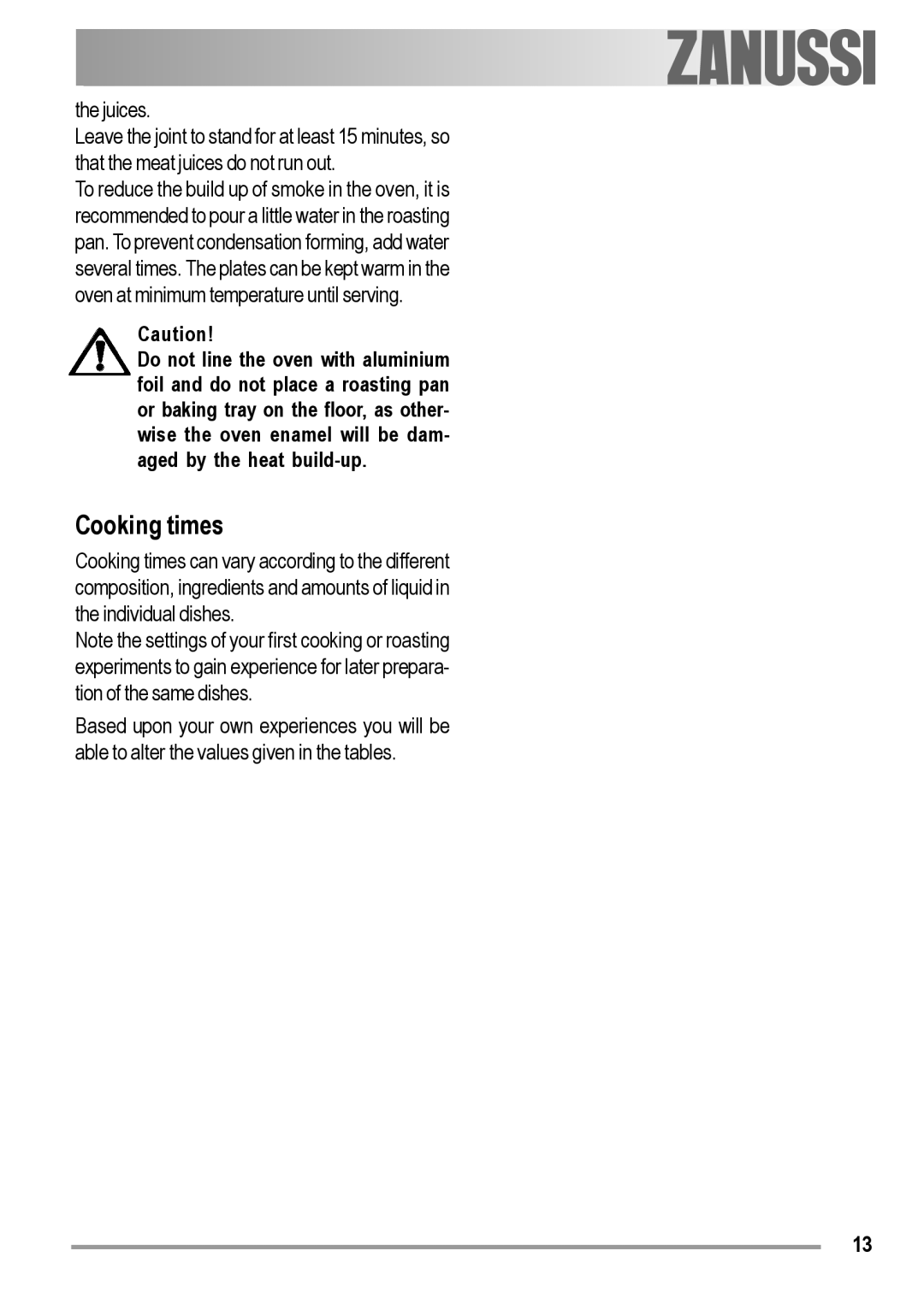 Zanussi ZOB 230 manual Cooking times 