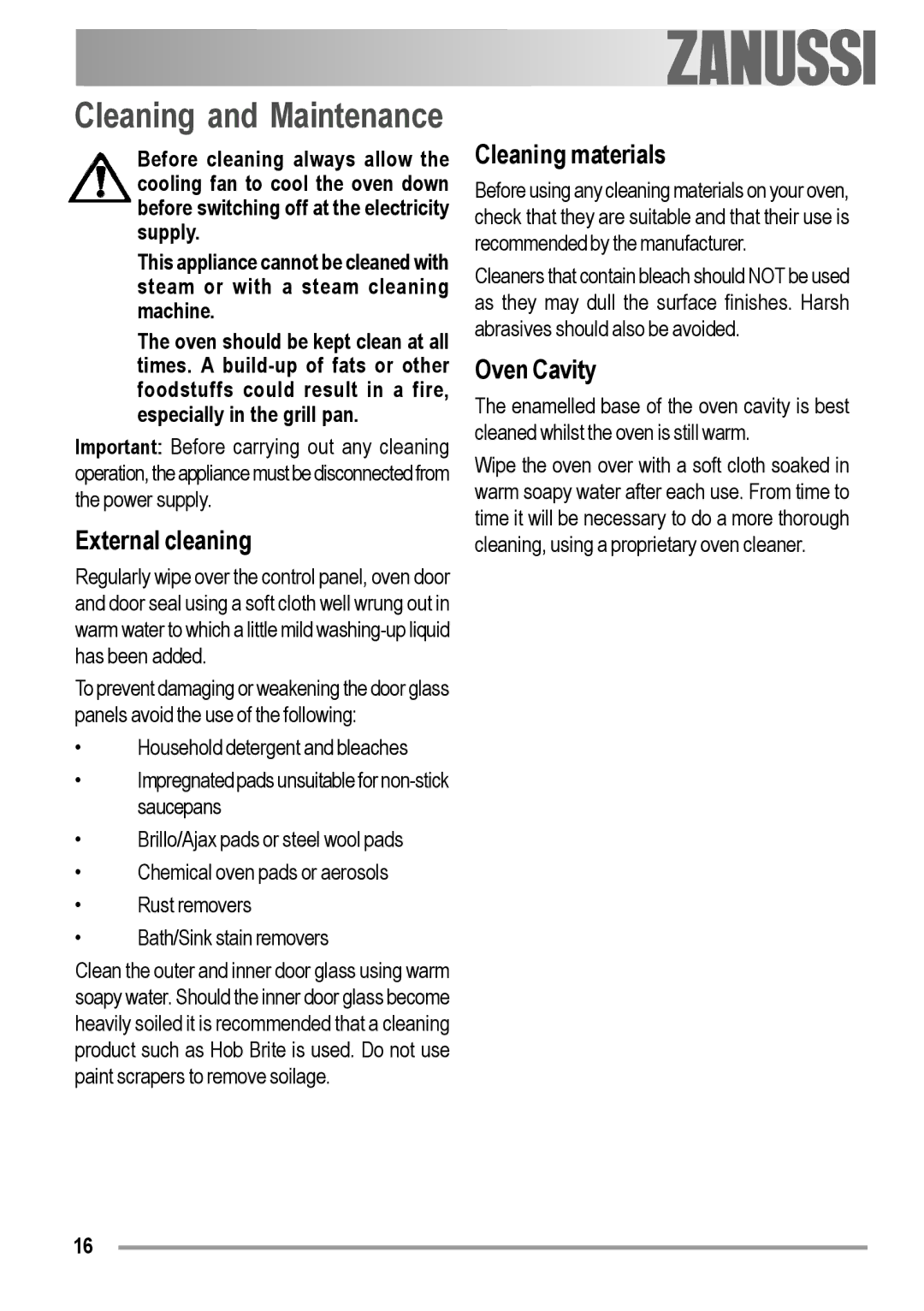 Zanussi ZOB 230 manual Cleaning and Maintenance, External cleaning, Cleaning materials, Oven Cavity 