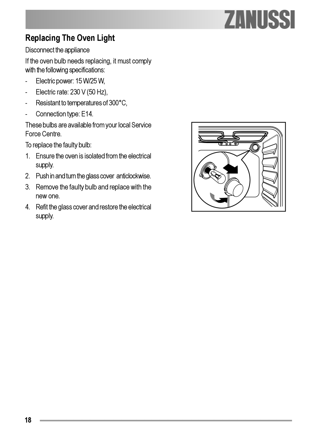 Zanussi ZOB 230 manual Replacing The Oven Light 