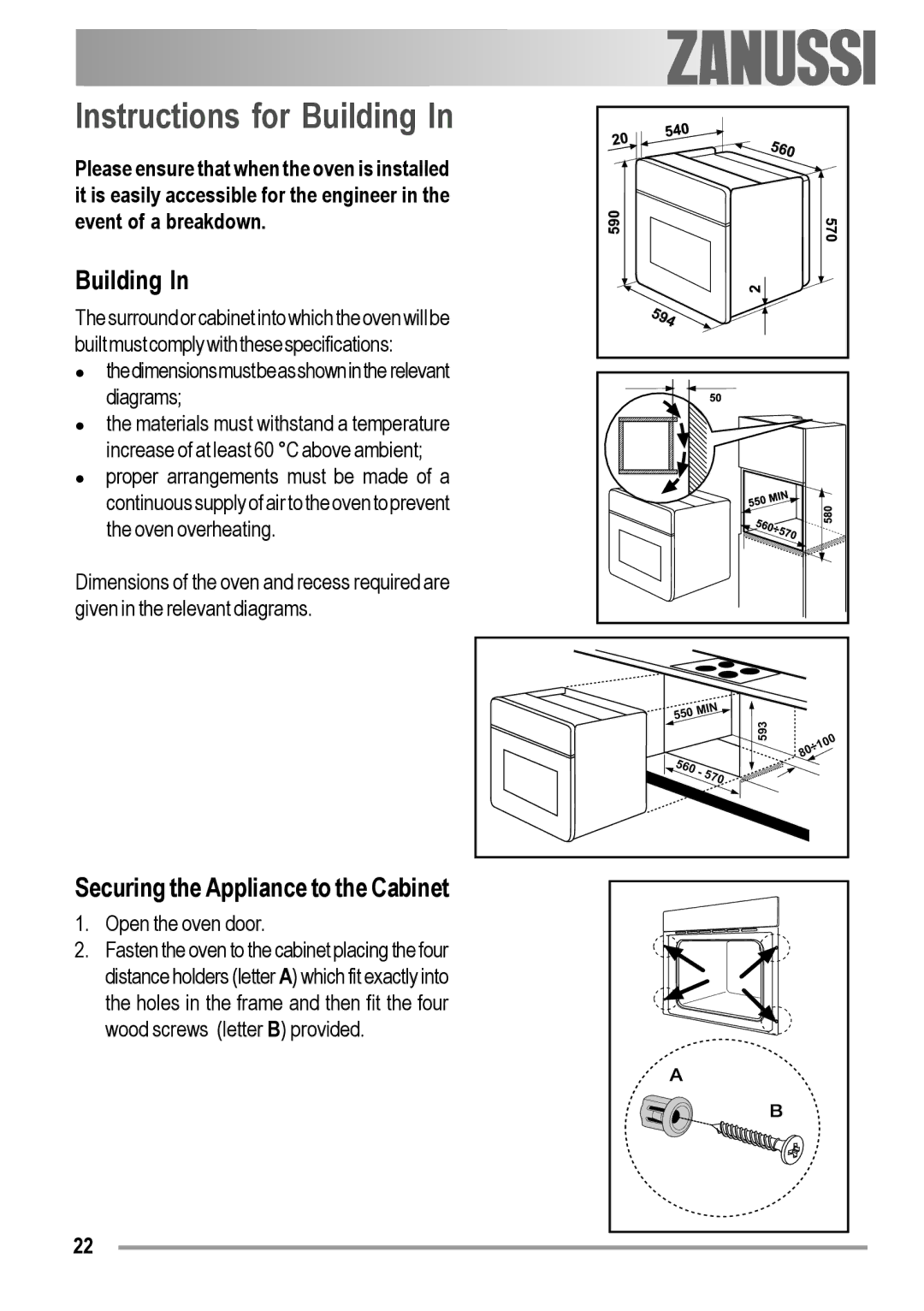 Zanussi ZOB 230 manual Instructions for Building, Securing the Appliance to the Cabinet 