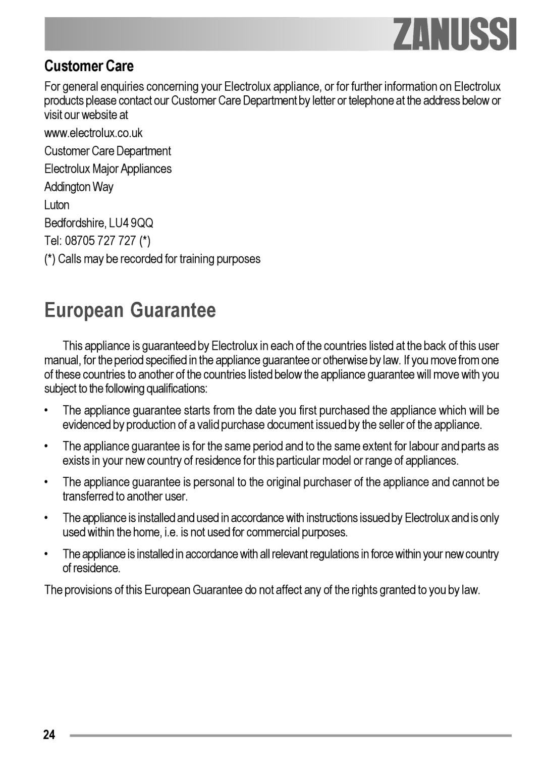 Zanussi ZOB 230 manual European Guarantee, Customer Care 