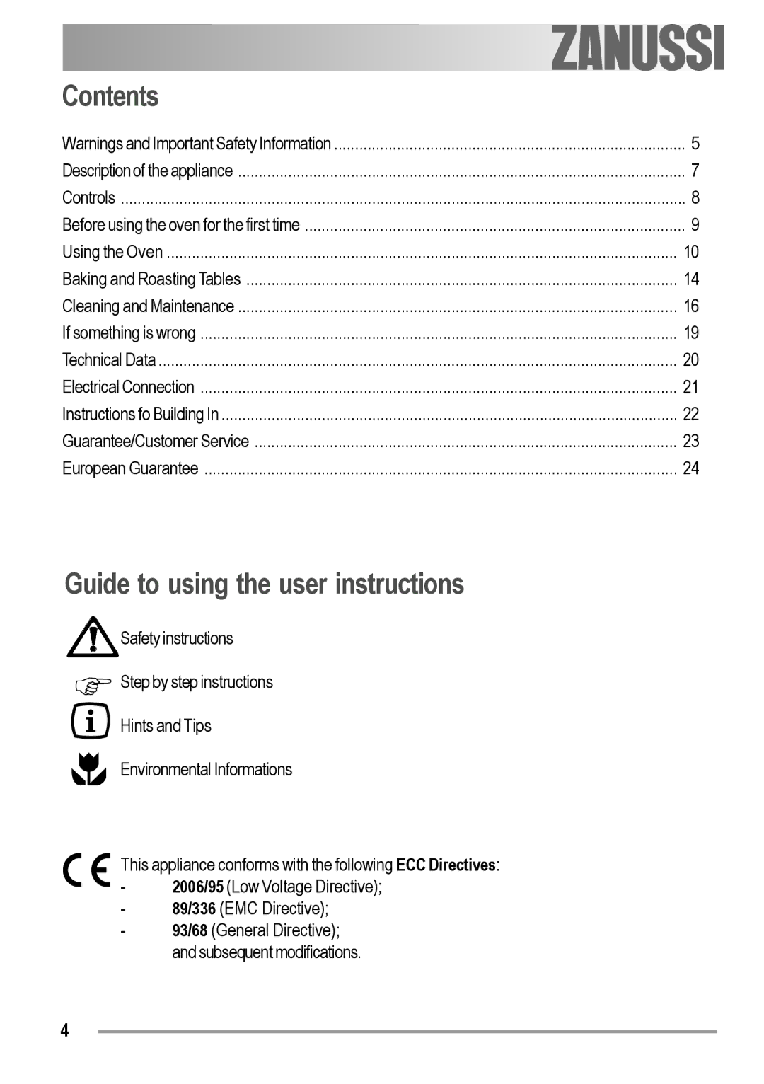 Zanussi ZOB 230 manual Contents, Guide to using the user instructions 