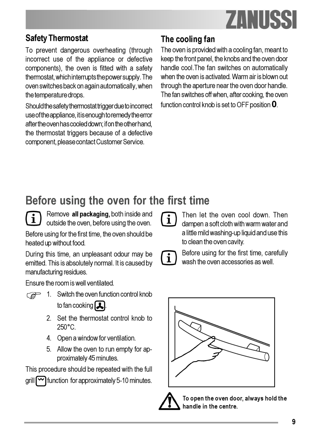 Zanussi ZOB 230 manual Before using the oven for the first time, Safety Thermostat, Cooling fan 