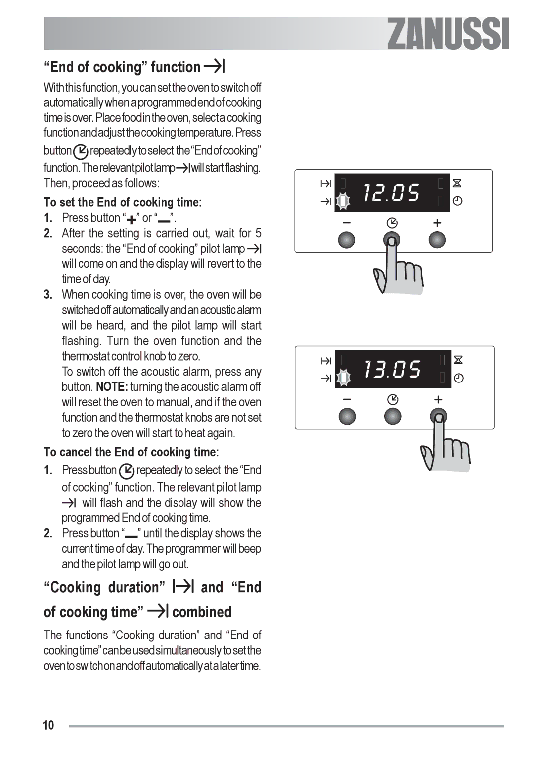 Zanussi ZOB 330 End of cooking function, Cooking duration and End Cooking time combined, To set the End of cooking time 