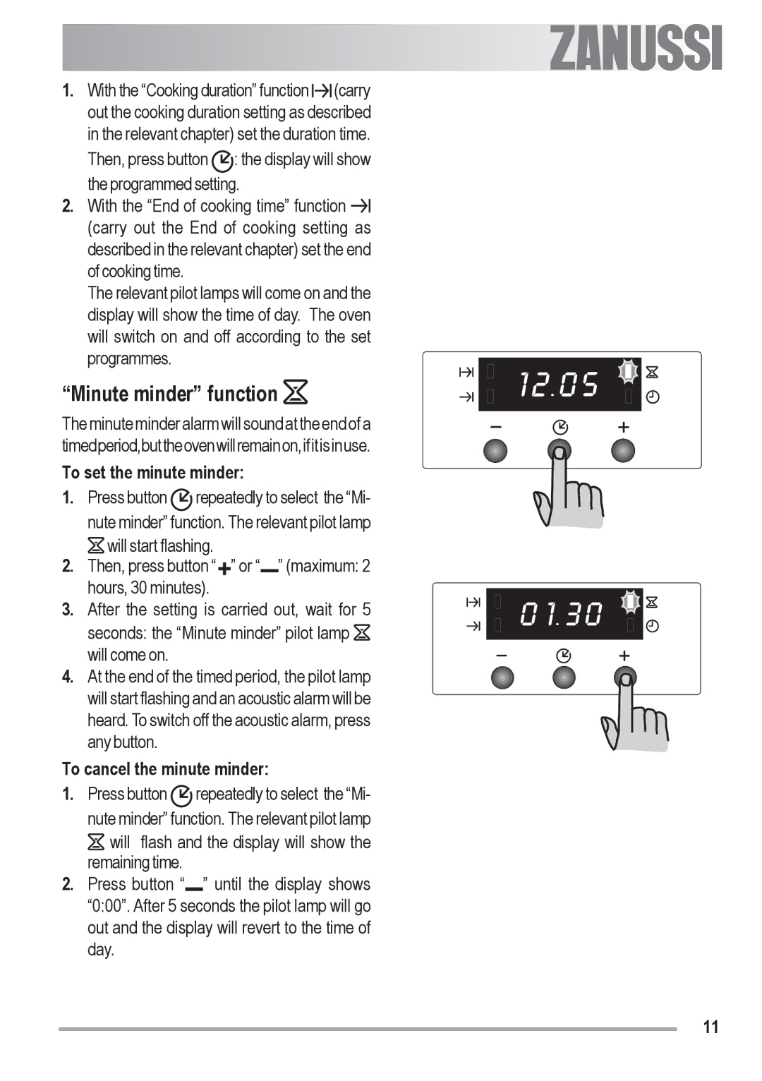 Zanussi ZOB 330 manual Minute minder function, To set the minute minder, To cancel the minute minder 