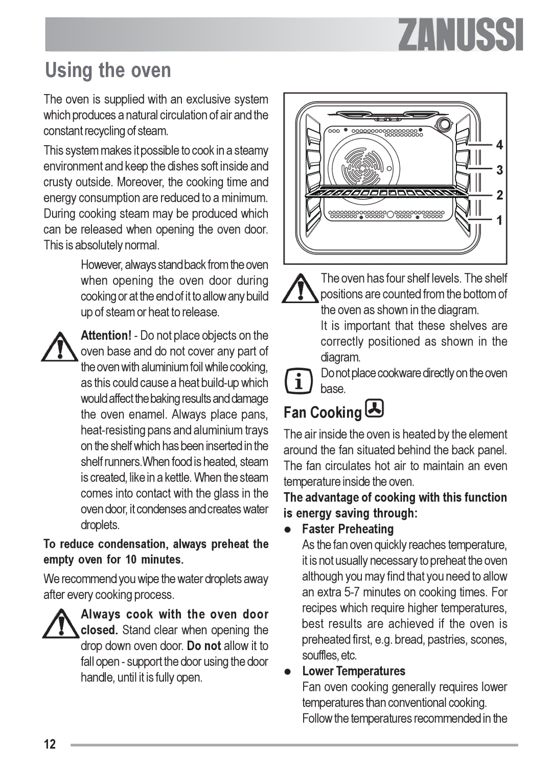 Zanussi ZOB 330 manual Using the oven, Fan Cooking, Lower Temperatures 
