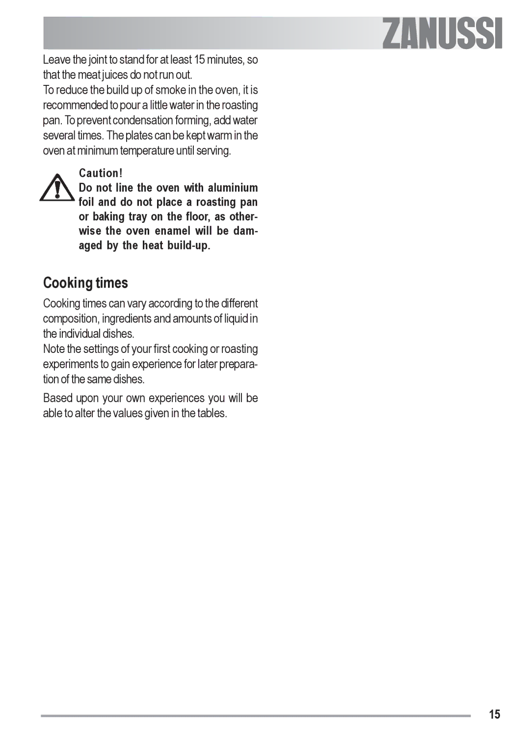 Zanussi ZOB 330 manual Cooking times 