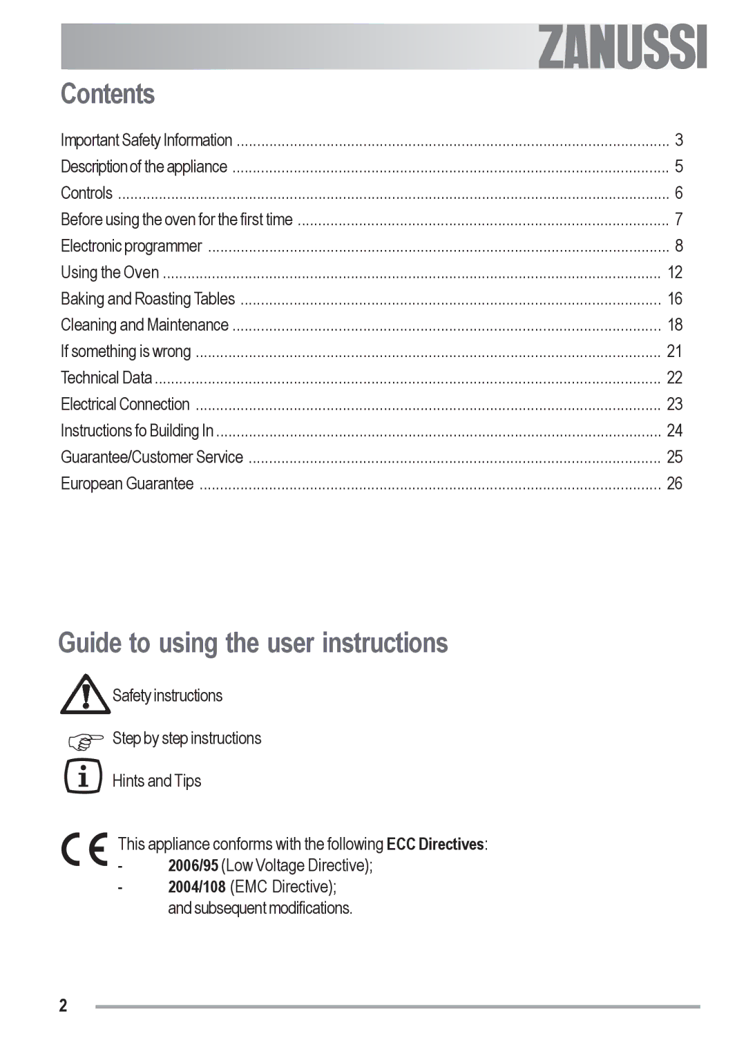 Zanussi ZOB 330 manual Contents, Guide to using the user instructions 