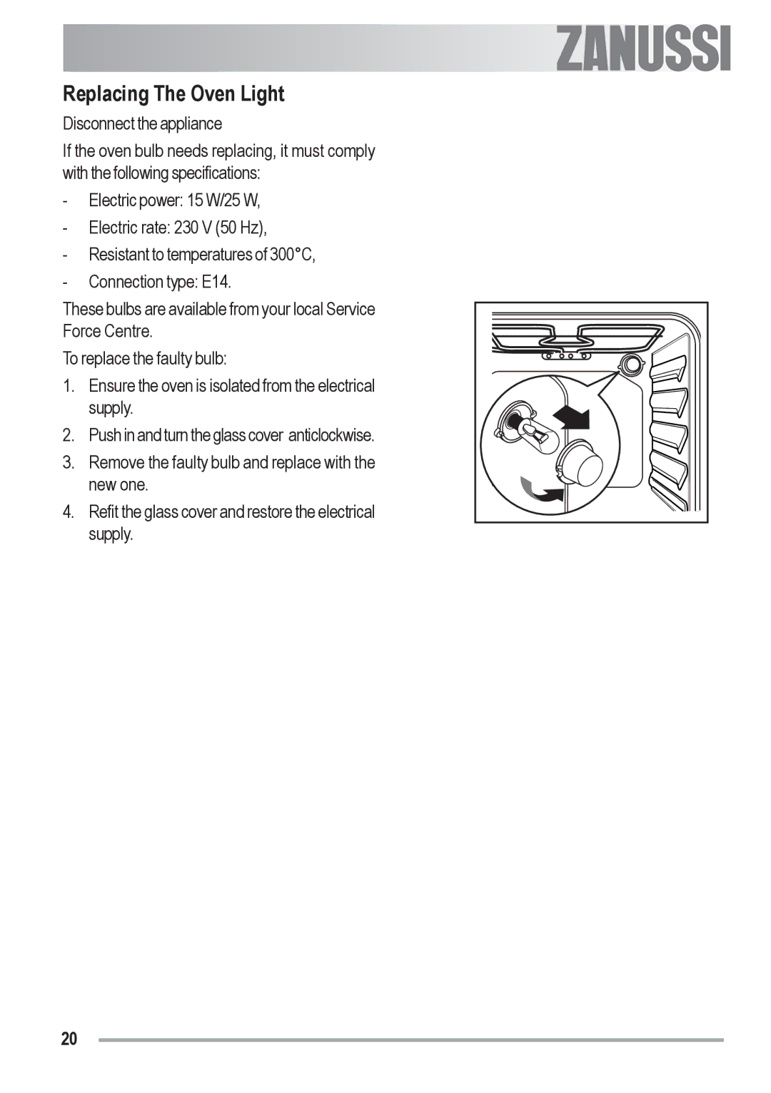 Zanussi ZOB 330 manual Replacing The Oven Light 