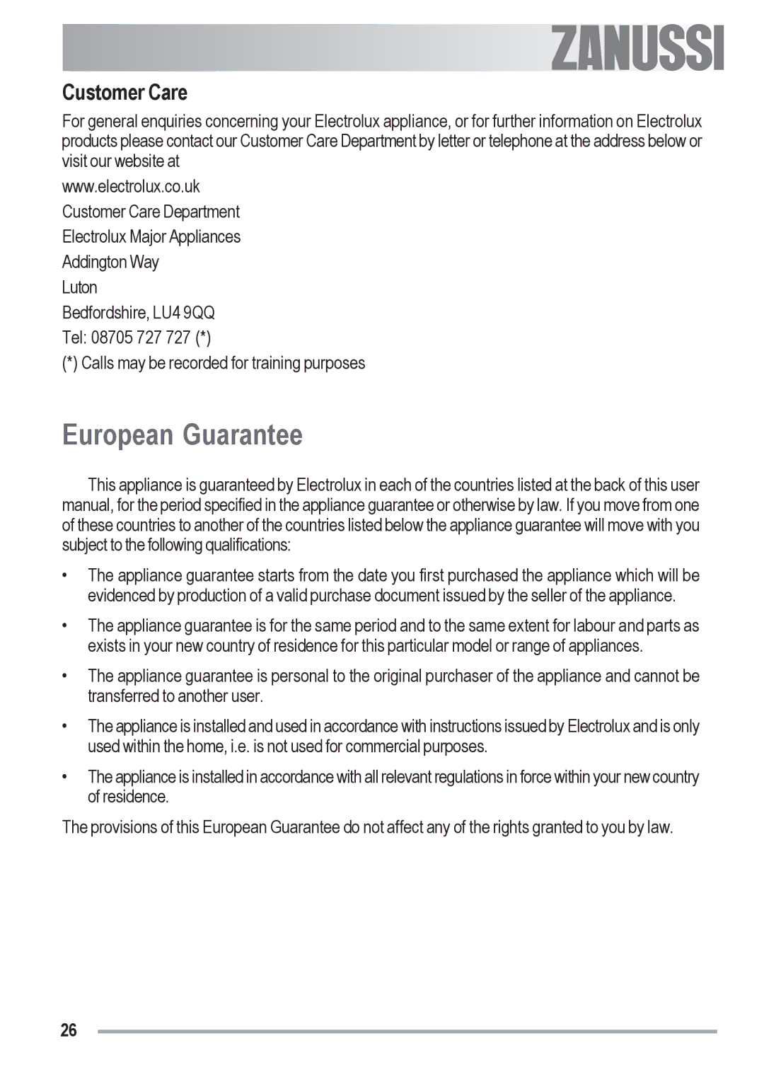 Zanussi ZOB 330 manual European Guarantee, Customer Care 