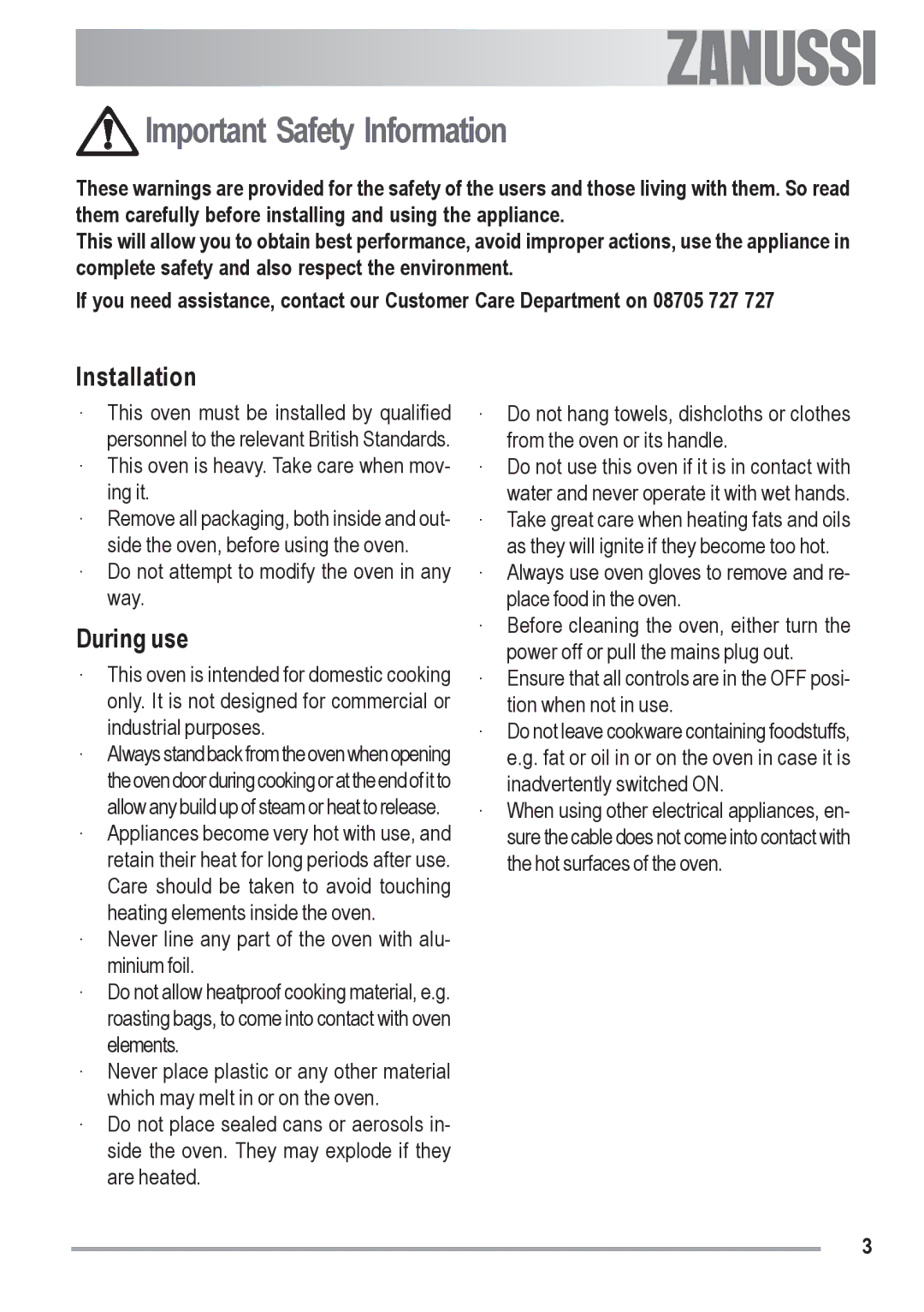 Zanussi ZOB 330 manual Important Safety Information, Installation, During use 