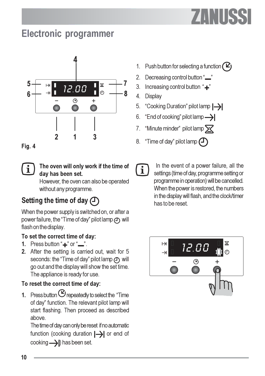 Zanussi ZOB 330 manual Electronic programmer, Setting the time of day, Oven will only work if the time of day has been set 