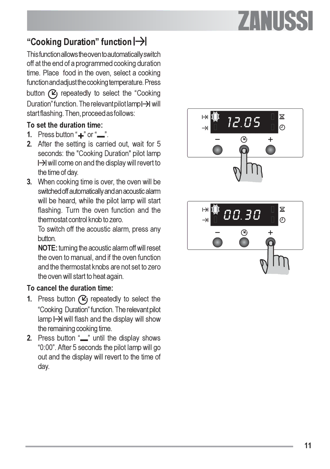 Zanussi ZOB 330 manual Cooking Duration function, To set the duration time, To cancel the duration time 