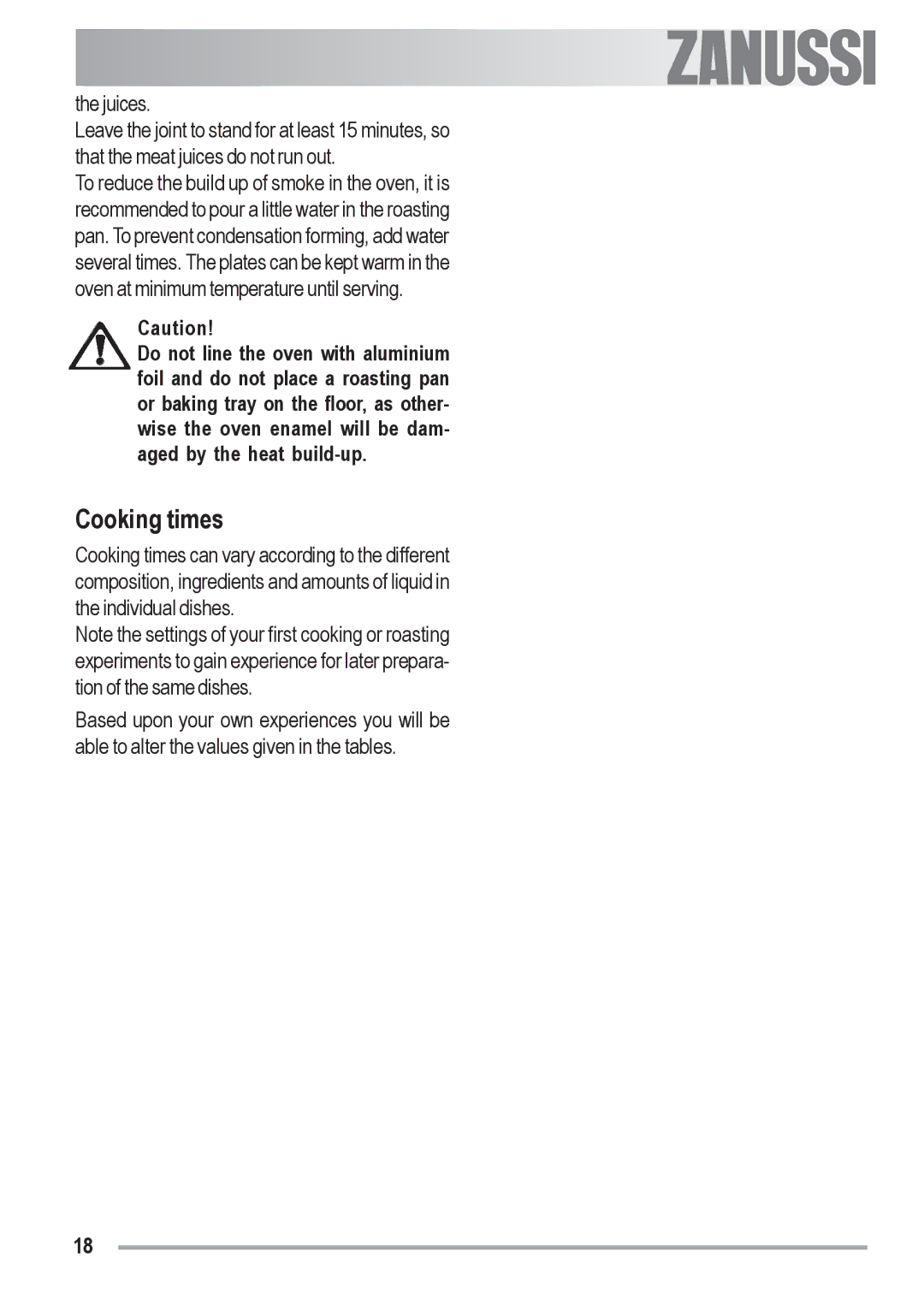 Zanussi ZOB 330 manual Cooking times 