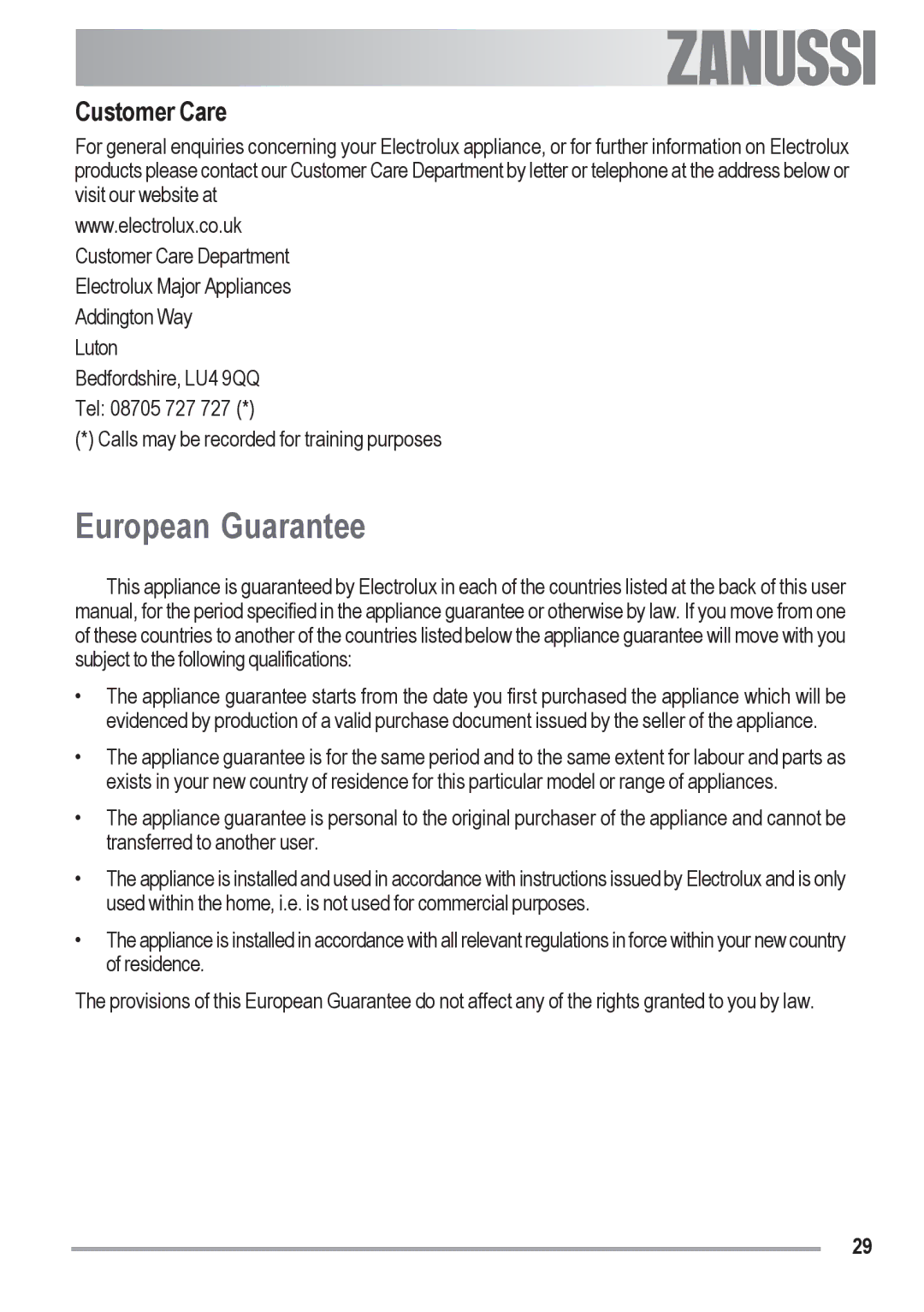 Zanussi ZOB 330 manual European Guarantee, Customer Care 