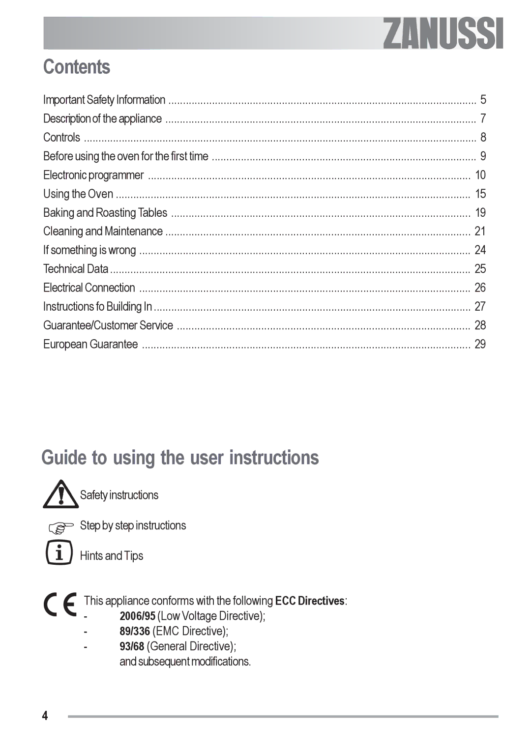 Zanussi ZOB 330 manual Contents, Guide to using the user instructions 