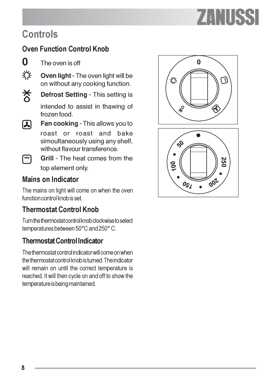 Zanussi ZOB 330 manual Controls, Oven Function Control Knob, Mains on Indicator, Thermostat Control Knob 