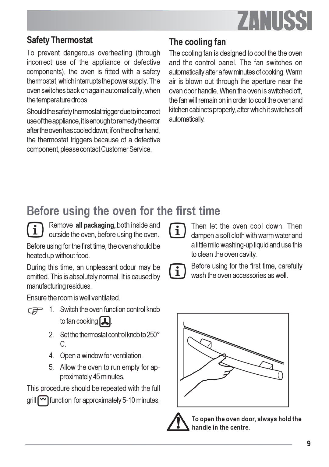 Zanussi ZOB 330 manual Before using the oven for the first time, Safety Thermostat, Cooling fan 