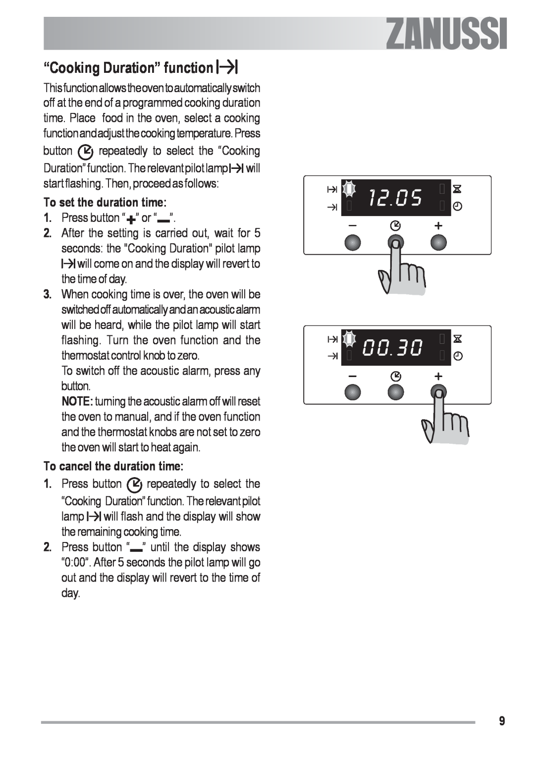 Zanussi ZOB 330 manual “Cooking Duration” function, To set the duration time, Press button “ ” or “ ” 