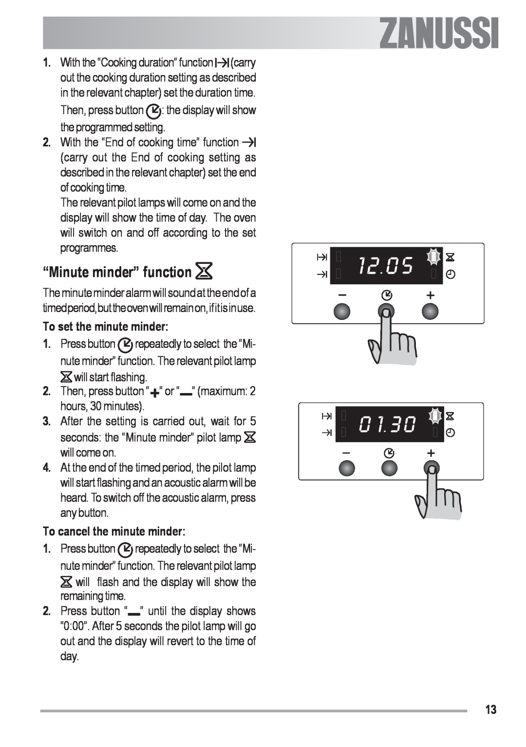 Zanussi ZOB 330 manual “Minute minder” function, To set the minute minder, To cancel the minute minder, Press button 