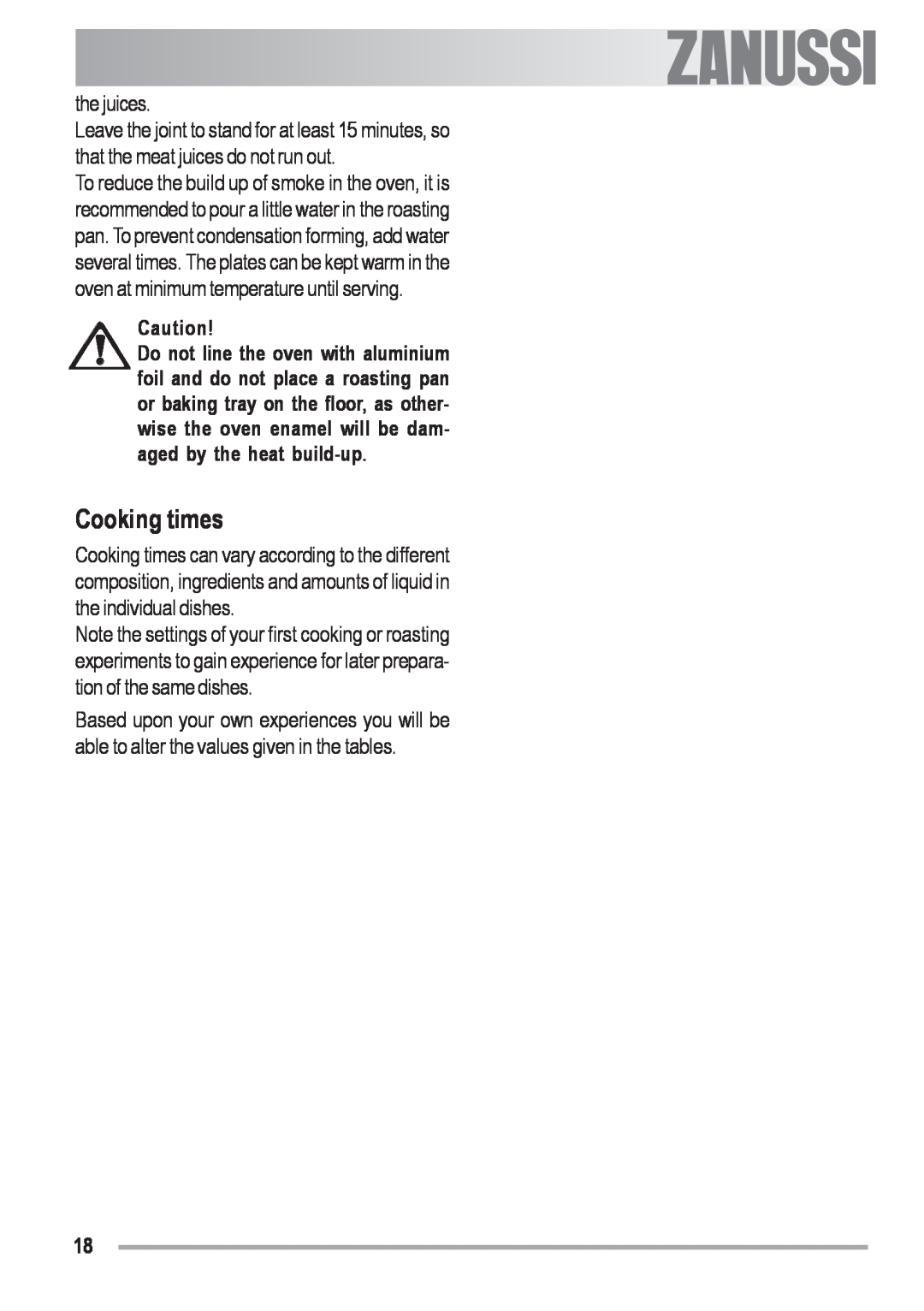 Zanussi ZOB 330 manual Cooking times 