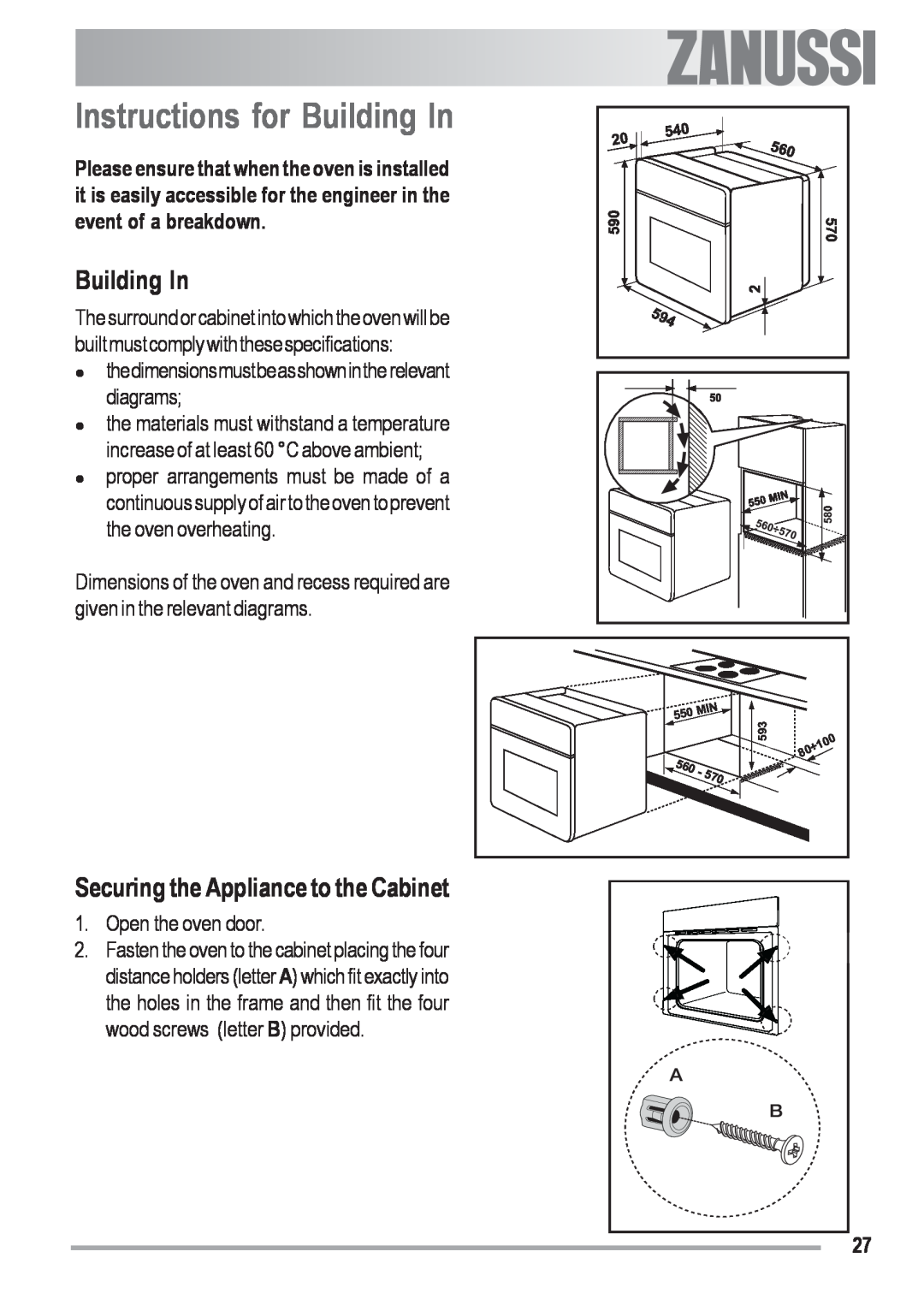 Zanussi ZOB 330 manual Instructions for Building In, Securing the Appliance to the Cabinet 