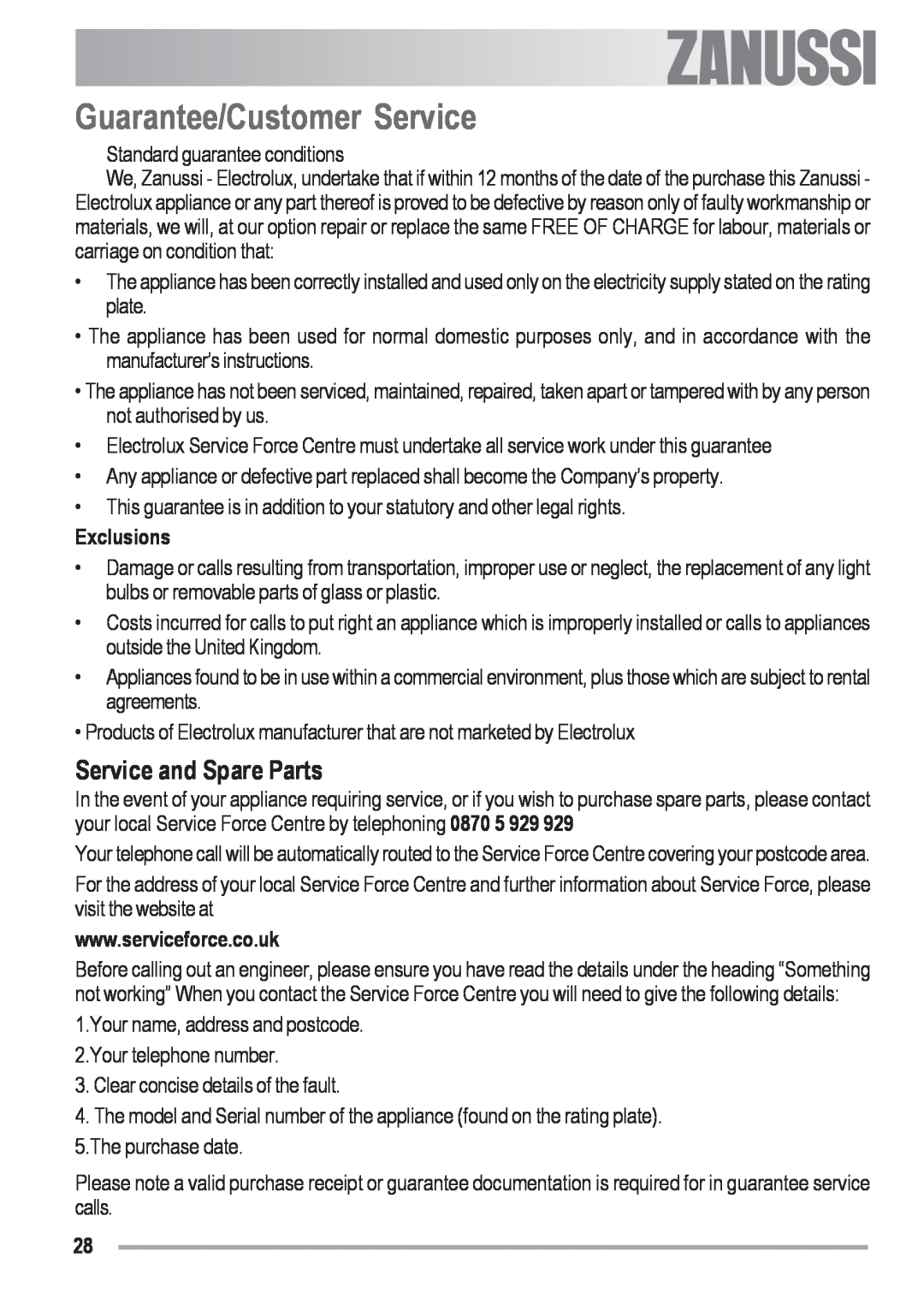 Zanussi ZOB 330 manual Guarantee/Customer Service, Service and Spare Parts, Exclusions 