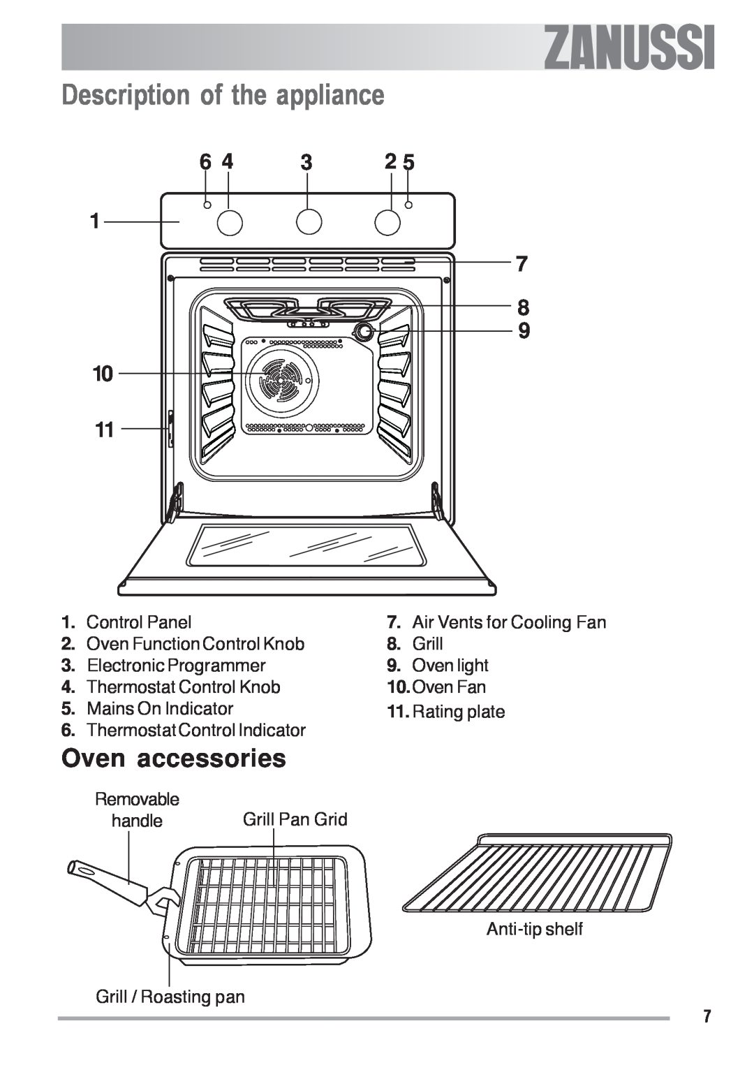 Zanussi ZOB 330 manual Description of the appliance, Oven accessories 