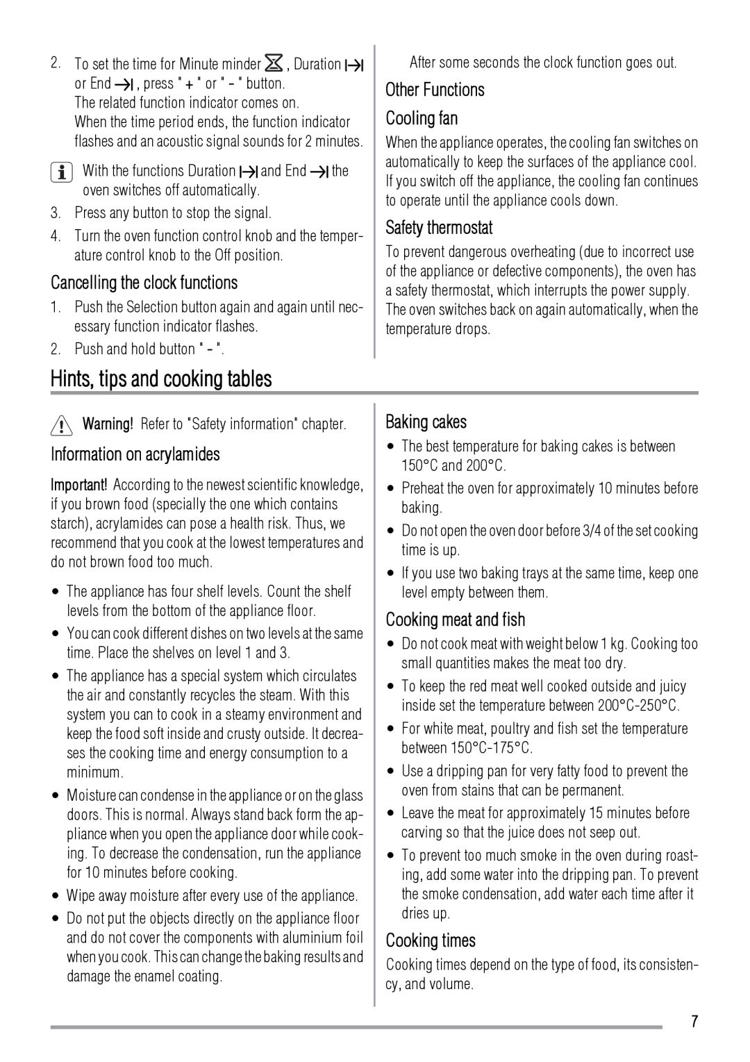 Zanussi ZOB 383 user manual Hints, tips and cooking tables 